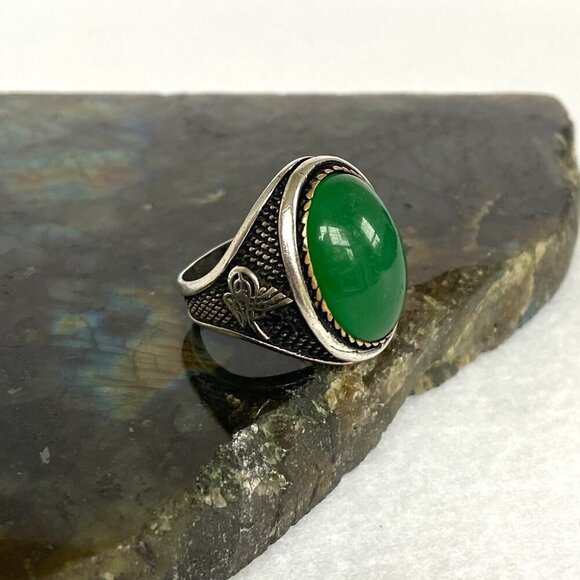 Sterling Silver 925 Green Chalcedony Turkish Ottoman Tughra Unisex Ring Sz 9.25 - Picture 8 of 16